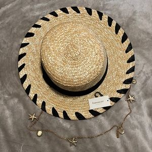 Francesca’s natural straw hat with black ribbon decorative chain  one size